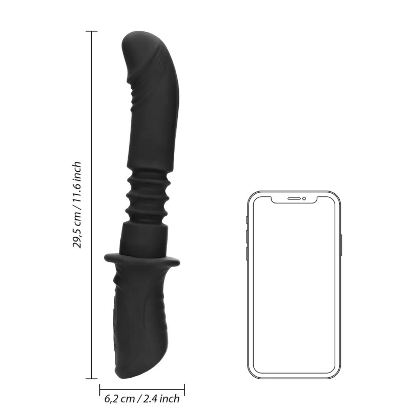 Hand held vibrating and thrusting dildo