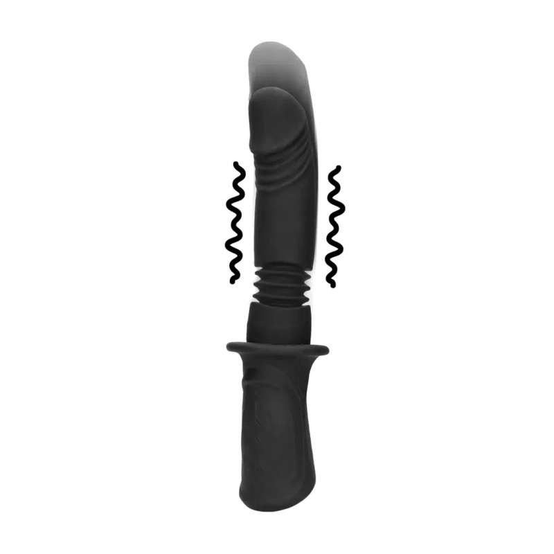Hand held vibrating and thrusting dildo